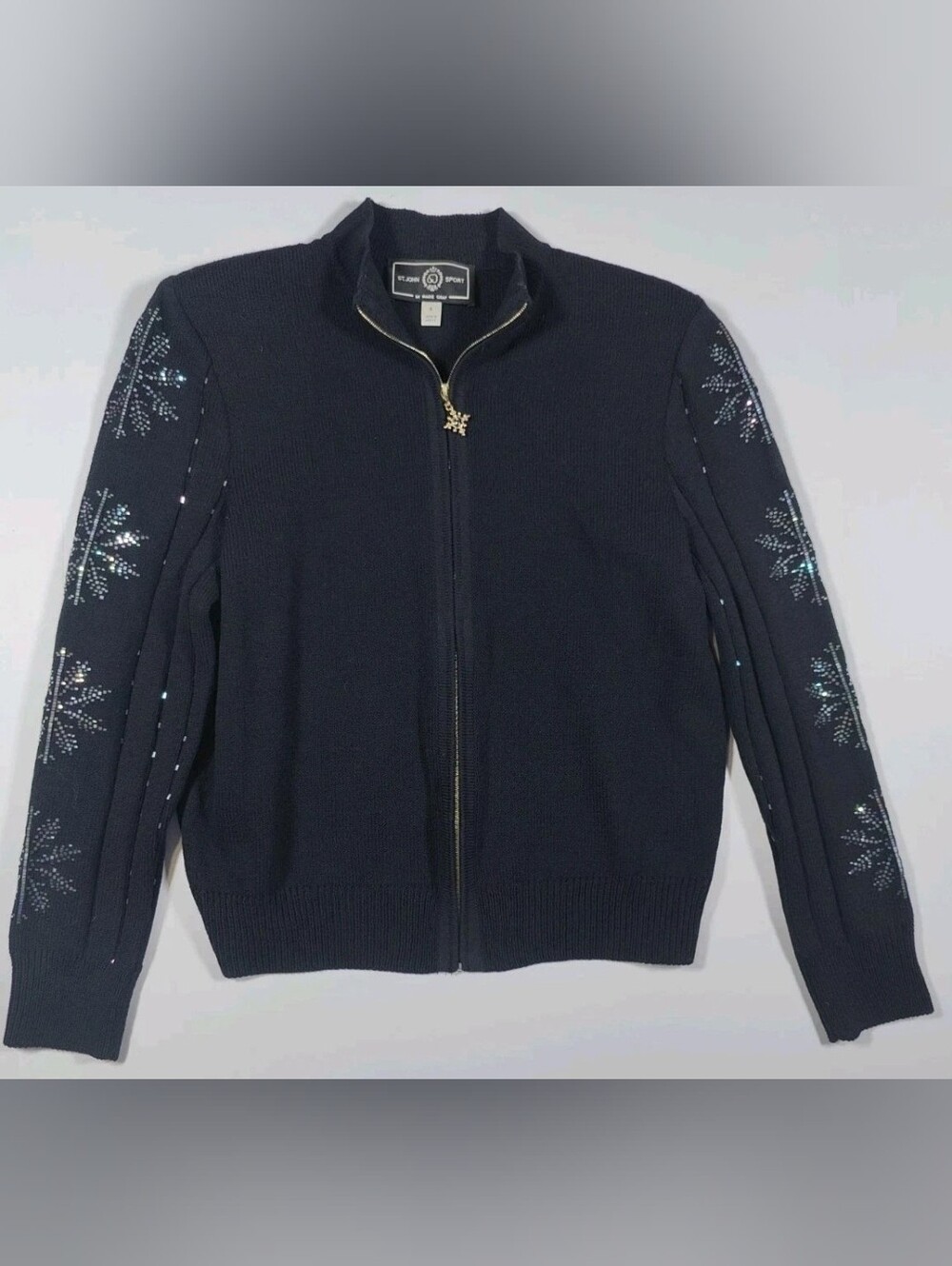 St. John Sport Black Cardigan Zip Up Snowflake Embellished Wool Blend Sweater S
